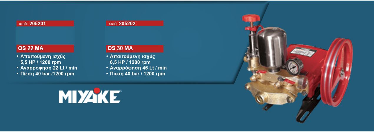 Αντλία Ψεκαστικού Εμβολοφόρα 5.5Hp / 1200rpm Χωρίς Κινητήρα Παροχή 22Lt/min, 40Bar OS 22 MA Miyake Αντλία Ψεκαστικού Εμβολοφόρα 5.5Hp / 1200rpm Χωρίς Κινητήρα Παροχή 22Lt/min, 40Bar OS 22 MA Miyake